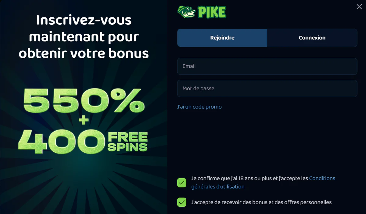 Inscription sur Pike Casino
